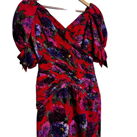 Liancarlo Ruched Cocktail Dress Womens 10 Red Floral Silk Puff Sleeve Elegant - Picture 6 of 16
